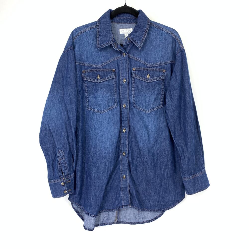 Sofia Jeans Long Sleeve Button Down Shirt Womens Sz S Blue Denim Chambray NEW